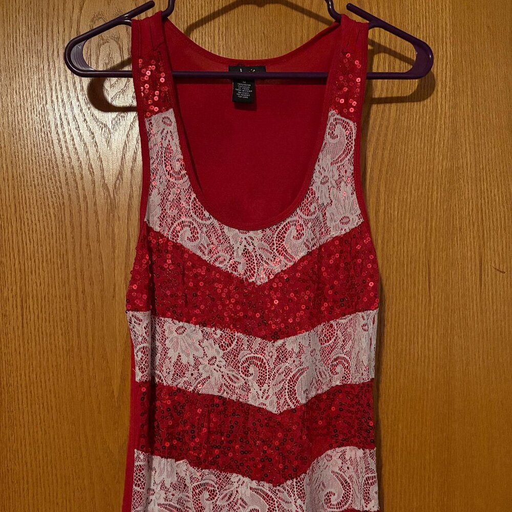 Red & White Scoop Neck Sequin Striped Tank Top